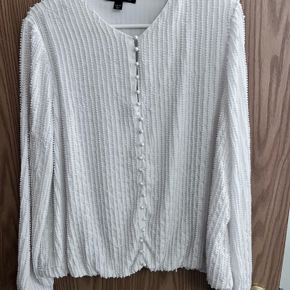 Boston Proper White Beaded Button-Front Blouse